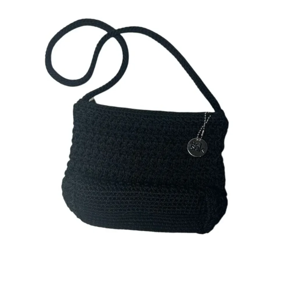 SAK Black‎ Crochet Knit Shoulder Bag with Silver Charm Casual Everyday Handbag